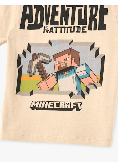 Miniko Kids Erkek Çocuk Sıfır Yaka Mınecraft Modelli Pamuk Tişört Bej