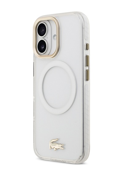 Apple Uyumlu iPhone 17 Kılıf Lacoste Lisanslı M-safe Şarj Özellikli Gold Timsah Logolu Buzlu Kapak Beyaz Beyaz
