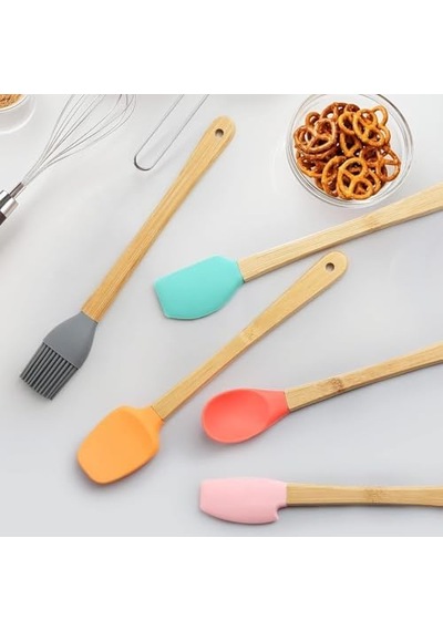Silikon Spatula Ve Fırça Seti, 5 Parça, Karışık Renkli, Bambu Saplı 0