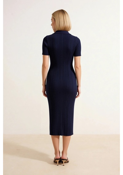 Benerly Kadın Polo Yaka Kısa Kollu Midi Elbise Triko Kumaş Bodycon Kesim Lacivert