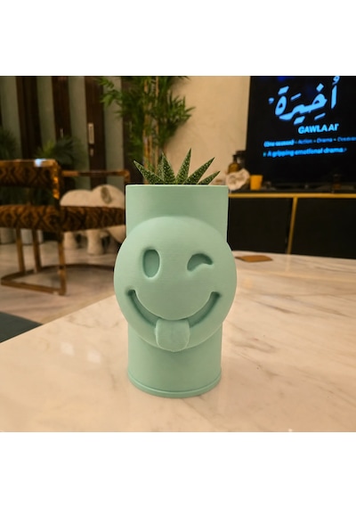 3d Baskı Emoji Planter - Göz Kırpan Yüzlü Sukulent Saksısı-mint Çok Renkli
