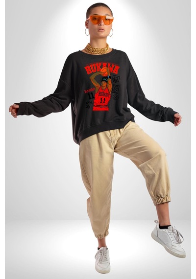 Rukawa Kaede Anime Basketbol Karakteri Unisex Siyah Sweatshirt Siyah
