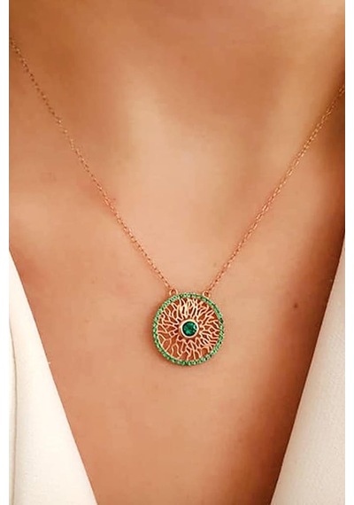 Yeşil Zirkon Taşlı Gümüş Rose Kolye (481642804)