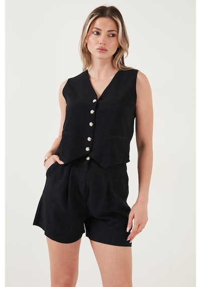 Lela Pamuk Ve Keten Karışımlı Slim Fit Yelek Şort Bayan Takım 5866118 Siyah
