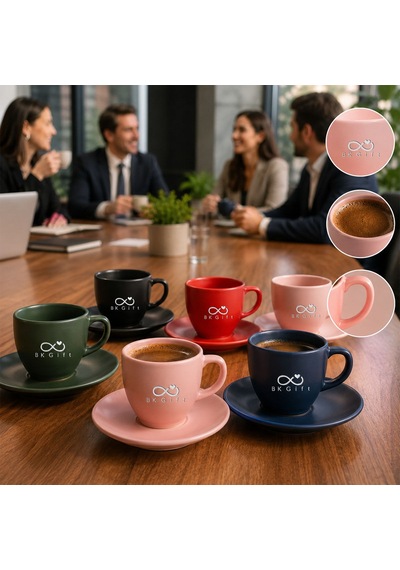 Logonuza Özel 6 Kişilik Rainbow Mat Fincan Takımı - 6 Fincan 6 Tabak Kurumsal Set Siyah