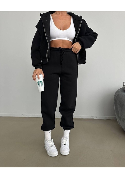Düz Basic Hırka Eşofman Altı Jogger Alt Üst Takım - Siyah Fermuarlı Oversize Kapüşonlu Siyah Düz Basic Hırka Eşofman Altı Jogger Alt Üst Takım - Siyah Fermuarlı Oversize Kapüşonlu Siyah