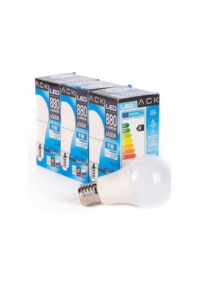 Ack 9w 3'lü Paket A60 Led Ampul 6500k Beyaz Işık 880lm E27