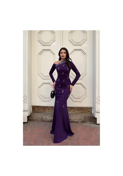 Khi-zai Kadın Trend Model Krep Kumaş Tek Omuz Abiye Elbise Mor