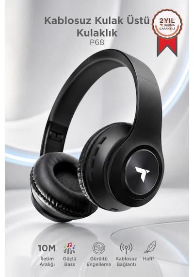 Bluetooth Kulaklık Kulak Üstü Kablosuz Stereo Kulaklık P68 Siyah
