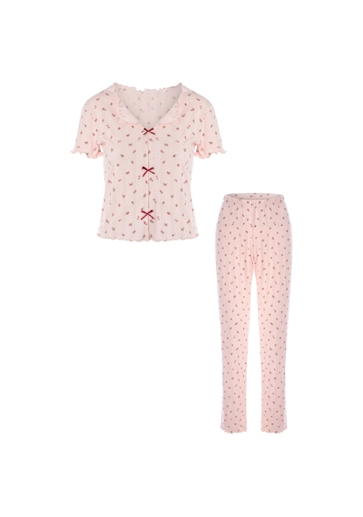 Koza İç Giyim Kadın Kısa Kollu Fiyonklu İndigo Fitilli Pijama Takımı Kk30131 Pembe