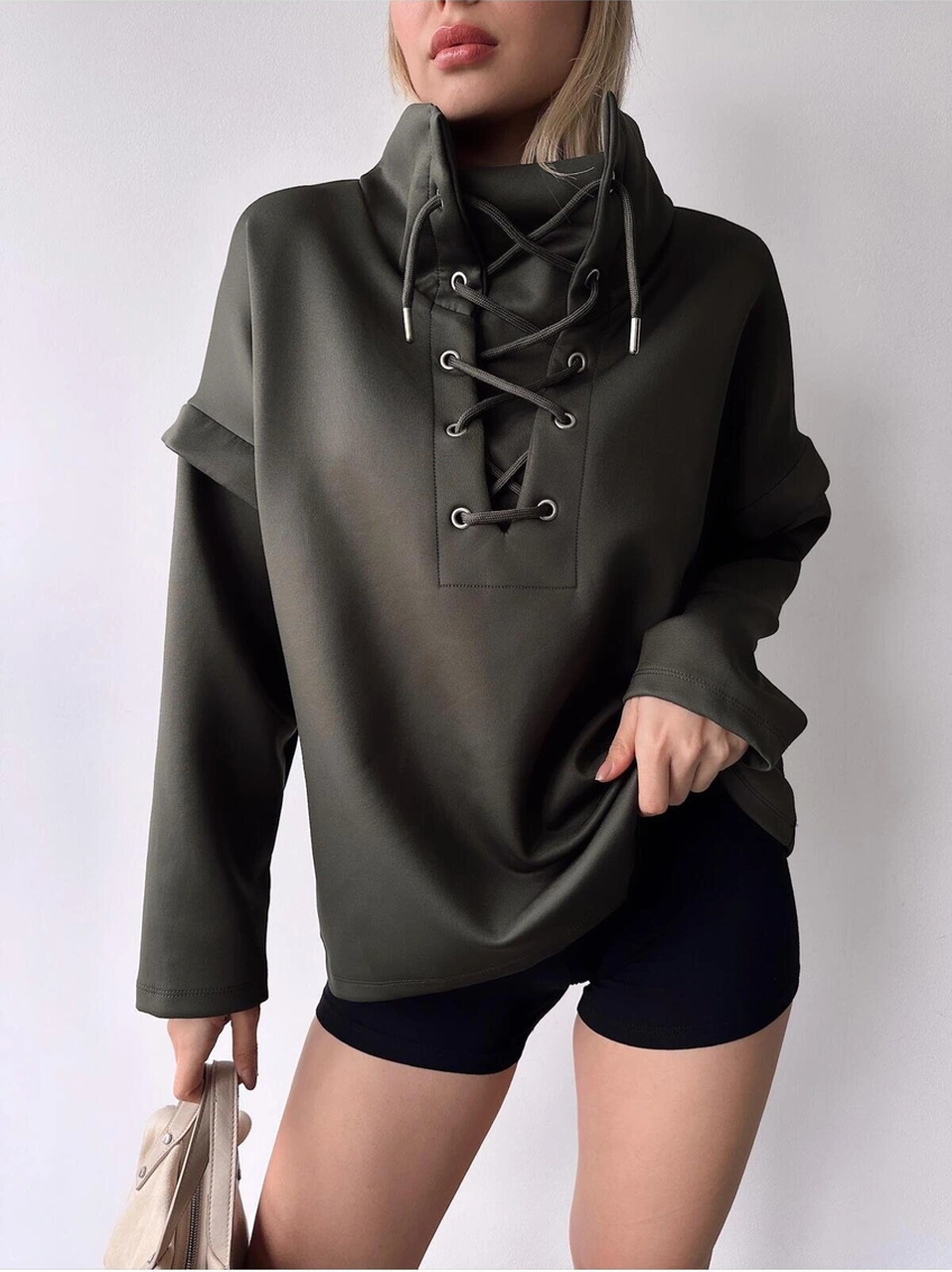 Kadın Tasarım Bağcıklı Yaka Super Şık Trend Scuba Sweatshirt Haki