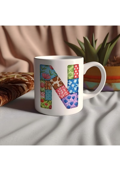 N Harfi Renkli Yamalı Tasarım Kupa Bardak - Bohem Patchwork Desenli Kupa - Etnik Hediyelik Beyaz