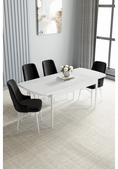 Zümra Serisi, Beyaz 80x132 Açılabilir Mdf Mutfak Masası Takımı 4 Adet Sandalye, Siyah Zümra Serisi, Beyaz 80x132 Açılabilir Mdf Mutfak Masası Takımı 4 Adet Sandalye, Siyah