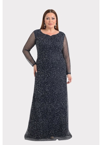 Lilas Xxl Kadın Büyük Beden Kalp Yaka Uzun Kollu Abiye Elbise 9471 Siyah Siyah