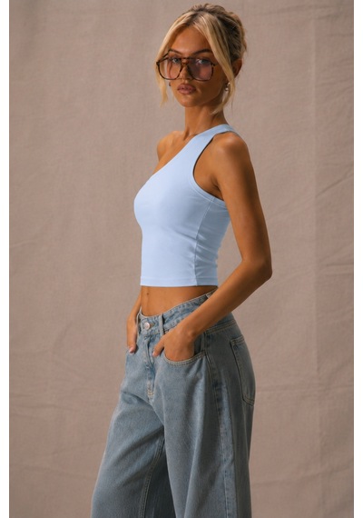 Cool Tarz Kadın Tek Omuz Crop Atlet Esnek Slim Fit Süprem Kumaş Asimetrik Yaka Bluz Mavi Mavi