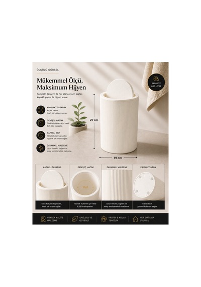 Modern Çizgili Banyo Çöp Kovası 6,25 Litre & Tuvalet Fırçası Seti İkili Set, Dayanıklı Plastik Beyaz