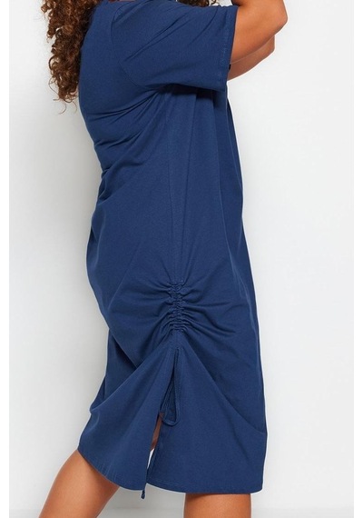 Ersefa Moda Stil Relaxed Bisiklet Yaka Midi Boy Büyük Beden Yandan Büzgü Lacivert