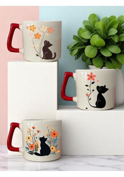 Kedi Ve Çiçek Baskılı Kırmızı Kulplu 3'lü Kupa Bardak Seramik Kahve Bardağı Beyaz