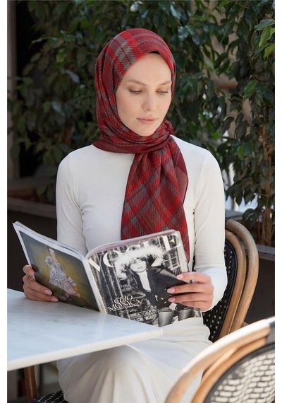 Silk Home Viskon Velora Eşarp Dört Mevsim Ekose Desen Koyu Kırmızı 90x90 Çok Renkli