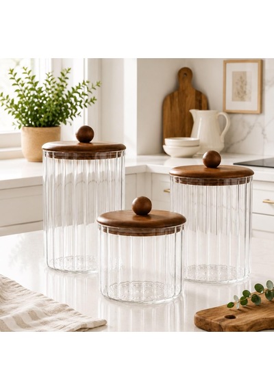 Akasya Kapaklı Line Cam Kavanoz 3 Lü Set 750 Ml 1150 Ml 1550 Ml Mutfak Saklama Kabı Çok Renkli
