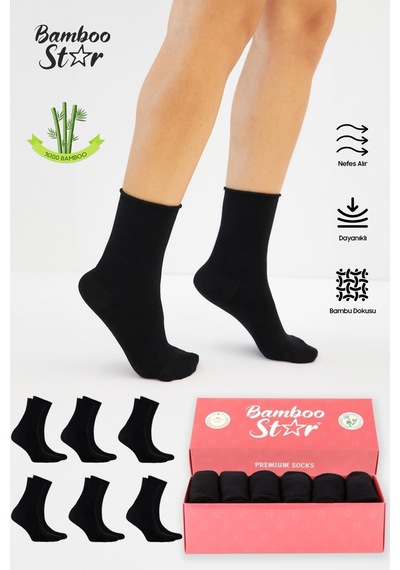 Bamboo Star Bambu Kadın Lastiksiz Siyah Soket Dikişsiz Premium Çorap 6'lı Paket Sıkmayan Çorap -iz Bırakmaz
