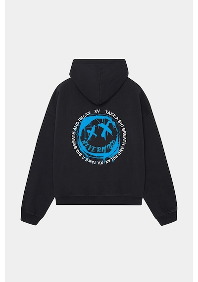 Unisex Siyah Kapüşonlu Sweatshirt - Mavi Baskılı Oversize Hoodie Siyah