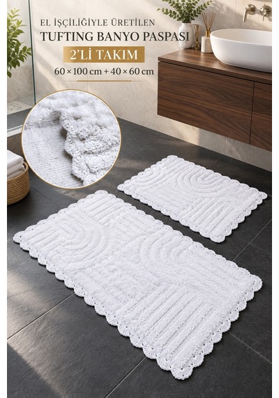 Alanur Bodrum Tufting Cotton Pamuklu El Işi Örgülü 2 Li Paspas 113 Beyaz