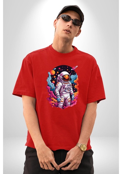 Ay Mars Astronot Pamuklu Bisiklet Yaka Unisex Oversize Boyfriend Dijital Baskılı Kırmızı T-shirt Kırmızı