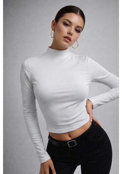 Wild Bee Kadın Ekru Yarım Balıkçı Yaka Uzun Kollu Bluz