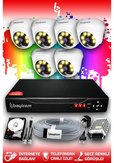 Bayicam 6 Kameralı Dome 6 İç Kamera Set 2 TB HDD Full HD Renkli Gece Görüşlü Güvenlik Kamerası Sistemi