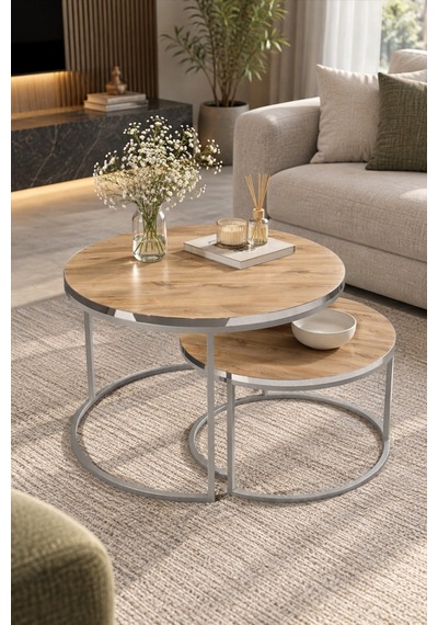 Sulorahome Gümüş Metal Ayaklı Ceviz Desenli 2'li Yuvarlak Orta Sehpa Seti