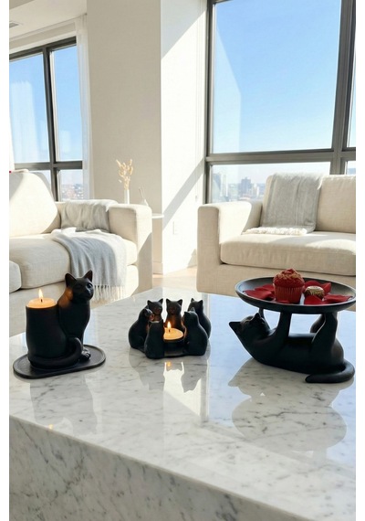 Neşeli Kedi Dostlar Dekoratif Kedi Figürleri Tealight Mumluk Ve Atıştırmalık Tabağı Seti