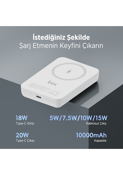 Bix PB112 10000 mAh 15 W Kablosuz Şarj Destekli Powerbank Beyaz