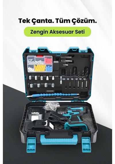 Reschmann R-9017 Akülü Vidalama Çelik Mandren 24 Parça Setli Çift Batarya Şarjlı Matkap