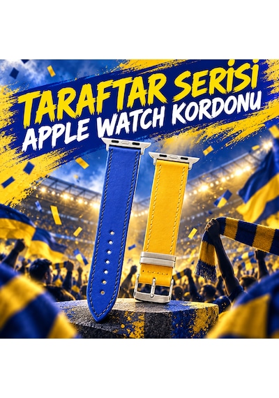 Goldoni Apple Watch Uyumlu Sarı Lacivert İnce Hakiki Deri Taraftar Kordonu Metal Köprülü