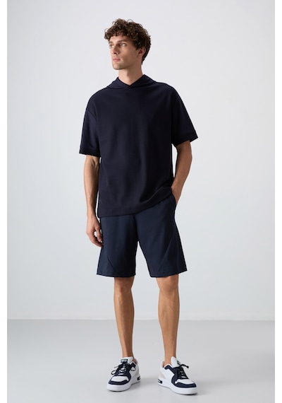 Tommy Life Lacivert Pamuklu Kalın Yüzeyi Dokulu Oversize Fit Basic Erkek T-shirt - 88335 Lacivert