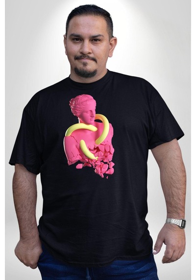 Angemiel Pop Art Yaratıcı Heykel Pembe Siyah Büyük Beden Erkek Kadın Unisex Basic Ön Baskılı Tişört Siyah