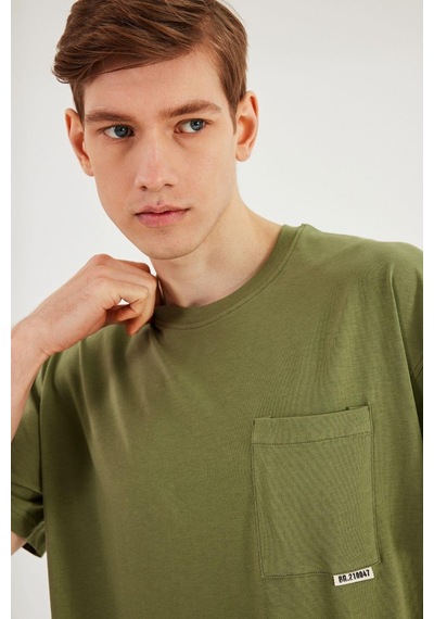 Leo Erkek Oversize Tshirt %100 Pamuk Cep Detaylı Bisiklet Yaka Basic Tişört Mtlce75 Haki