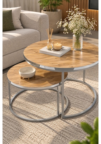 Sulorahome Gümüş Metal Ayaklı Ceviz Desenli 2'li Yuvarlak Orta Sehpa Seti