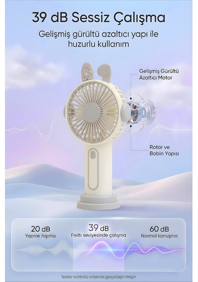 Şarjlı Taşınabilir Sevimli Kulak Tasarımlı Mini Fan 3 Kademeli Hız Telefon Standlı Vantilatör Gri