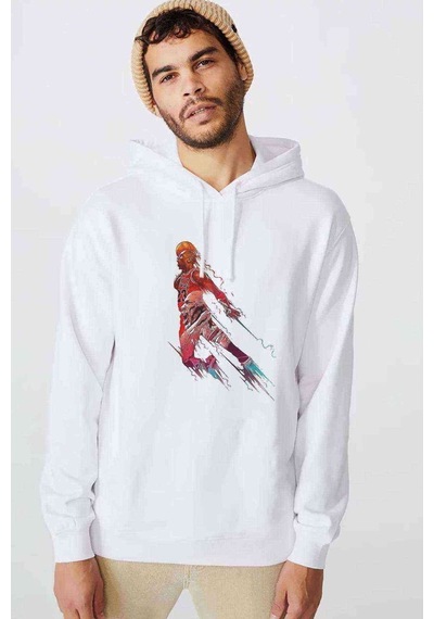 Basketbol Oyuncusu Baskılı Beyaz Erkek Kapşonlu Sweatshirt