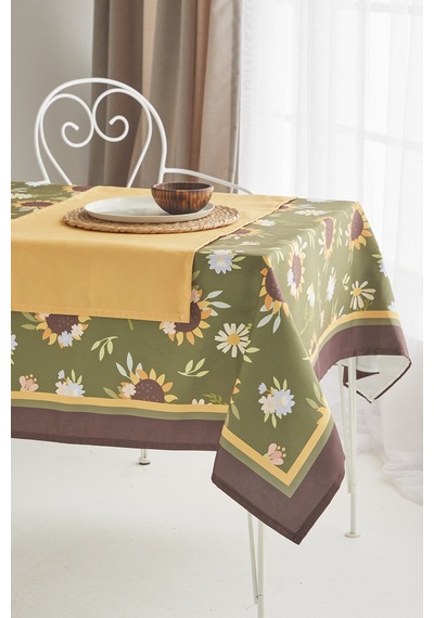 Ays Home Yeşil Ayçiçeği Desen Kumaş Yemek Masası Örtüsü Ve Sarı Runner.