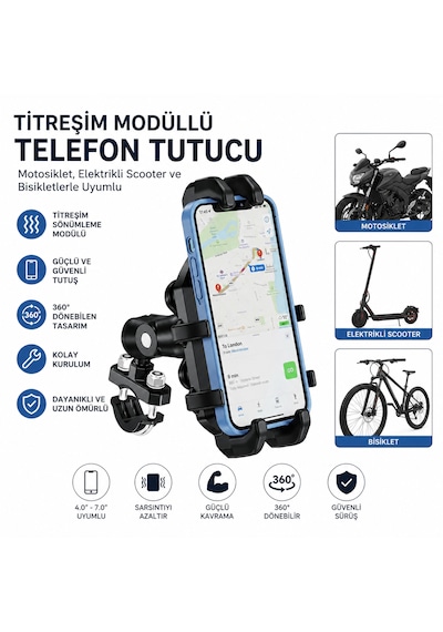 H180 Titreşim Önleyici Damperli Motosiklet Telefon Tutucu Gidona Bağlantılı Bisiklet-e Scooter Mat Siyah