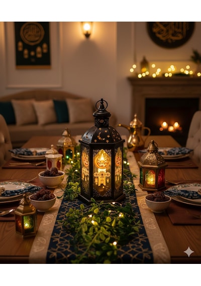 43 Cm Ramazan Ledli Siyah Model Tek Mumlu Lüks Fener - Pil Dahil Dekoratif Ramazan Feneri Diğer
