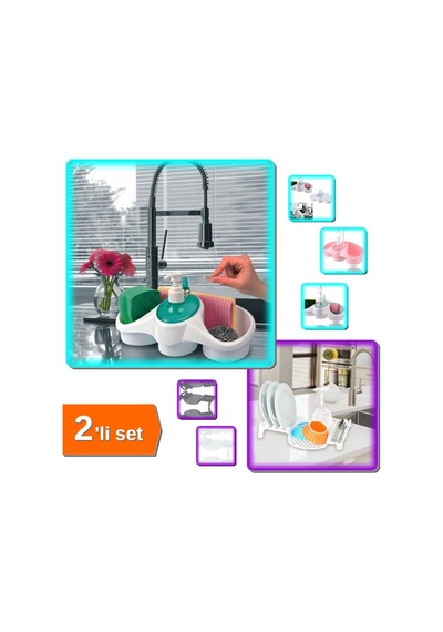 Buççin Online Mağaza Sünger Hazneli Sıvı Sabunluk Deterjanlık + Multi Bulaşıklık Tabaklık Kurutmalık - 2li Set T7t9x4 Pla Çok Renkli