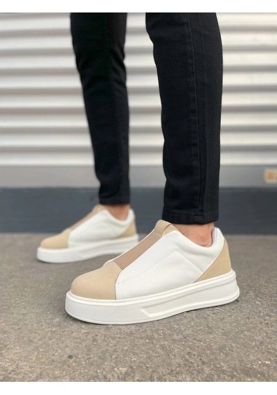 Mevese Torino Erkek Bağcıksız Cilt Günlük Sneaker Ayakkabı Ortopedik Kalın Taban Bej