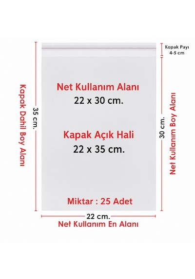22x30+5 Cm. 22x35 25 Adet Şeffaf Bantlı Yapışkanlı Jelatin Poşet