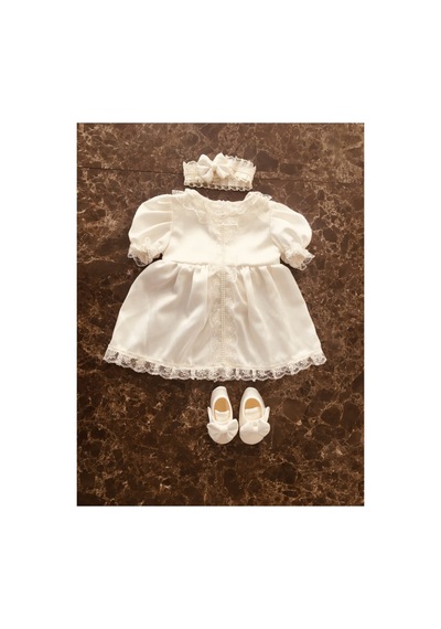 Hayy Baby Kids Wear Kız Bebek Krem Dantelli Ve Incili Elbise Seti
