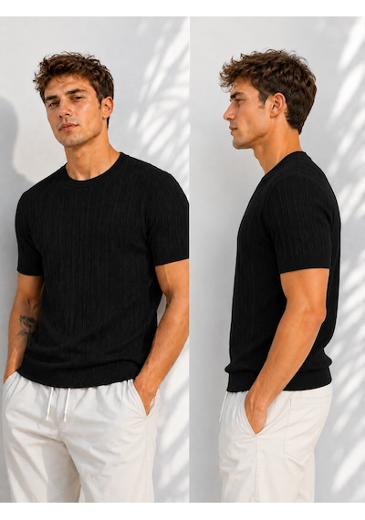 Ribana Erkek Bisiklet Yaka Kısa Kollu Esnek Örme Triko T-shirt 26091 Siyah