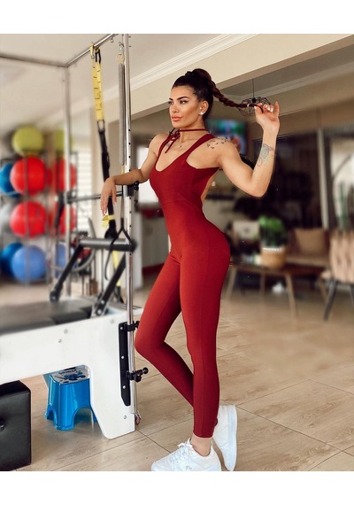 Lismina Derin Dekolteli Spor Tayt Tulum Bordo